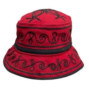 Vintage Guatemalan 100% Wool Embroidered Bucket Hat Cap Red Black XL